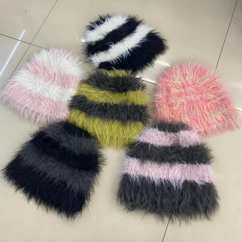 Дизайнерские женские шапки из искусственной норки в стиле Майяра, модные осенне-зимние теплые вязаные шапки в полоску, подходящие по цвету