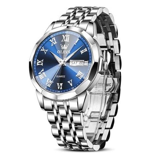 OLEVS watch mens waterproof analog quartz wristwatch silver stainless steel band date day blue dial Roman numerals metal luminous