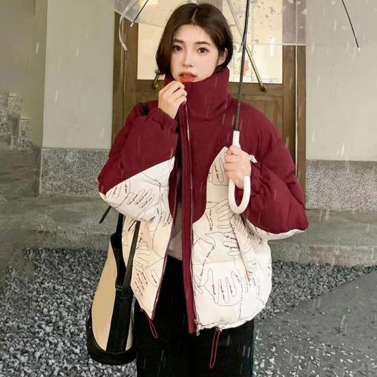 Женское хлопковое пальто с утолщенным воротником-стойкой, лоскутным принтом, карманами, застежкой-молнией, средней длины, ветрозащитное, сохраняющее тепло, верхняя одежда для холодной погоды