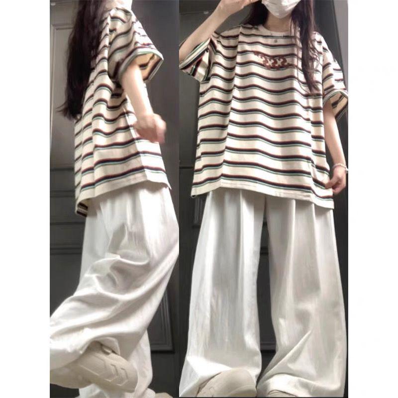 Женская американская ретро полосатая футболка оверсайз - Летний студенческий стиль, Повседневный большой размер, Свободный топ с коротким рукавом