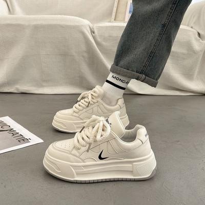 Белые женские кроссовки на платформе, осенние, на шнуровке, с толстой подошвой, для бега, женские, из искусственной кожи, дышащие, для ходьбы, женские