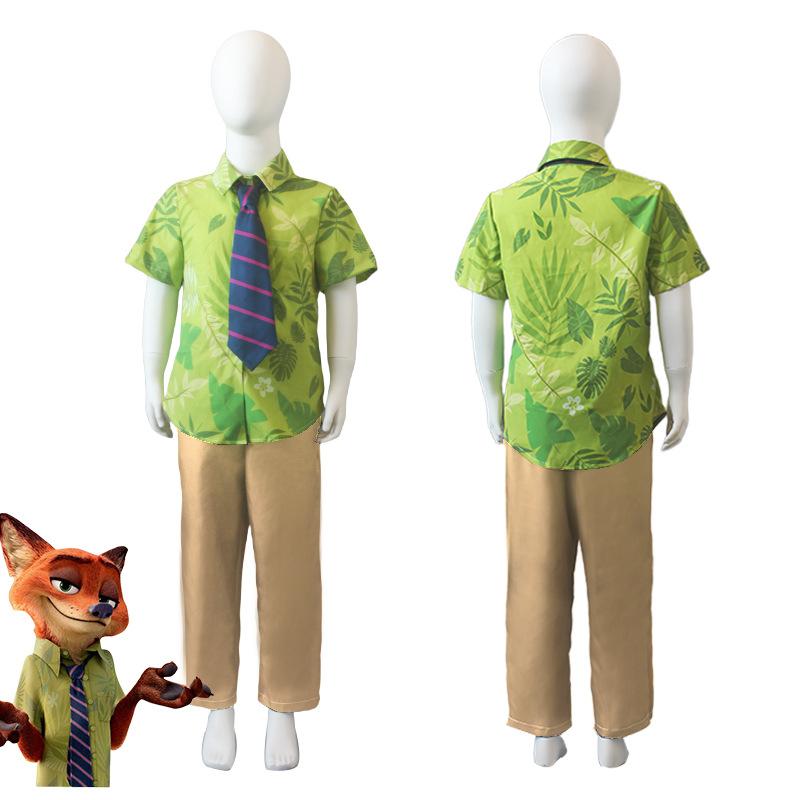 Fox Nick Wilde Cosplay Shirt With Tie Men Halloween Green Leaves Printed Summer Casual T-shirt and Necktie cosplay