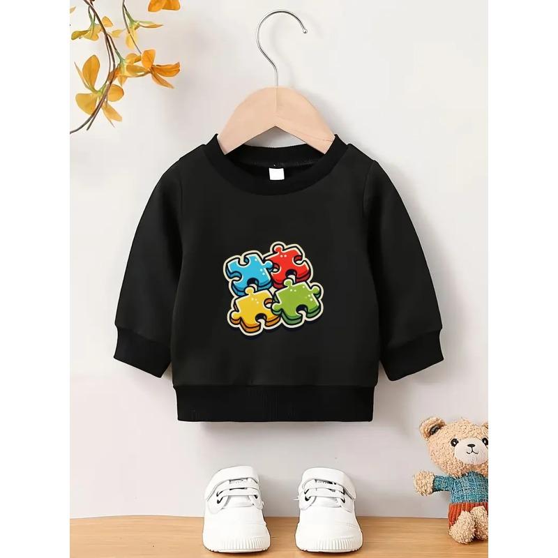 kids Lightweight Crewneck Sweatshirt.Four-Color Puzzle Graphic Print