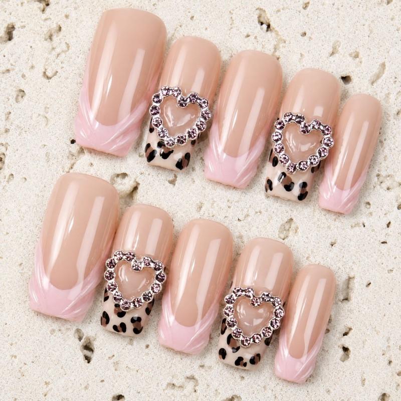 10pcs Handmade Press-On Nails With Pink Leopard Print Heart Rhinestones Sweet Spicy Style Removable Nail Tips Women