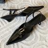 Elegant Ankle Strap Buckle Low Heel Mules Sandals Women Sexy Pointed Toe Patent Leather Women Pumps Summer Slingback High Heels