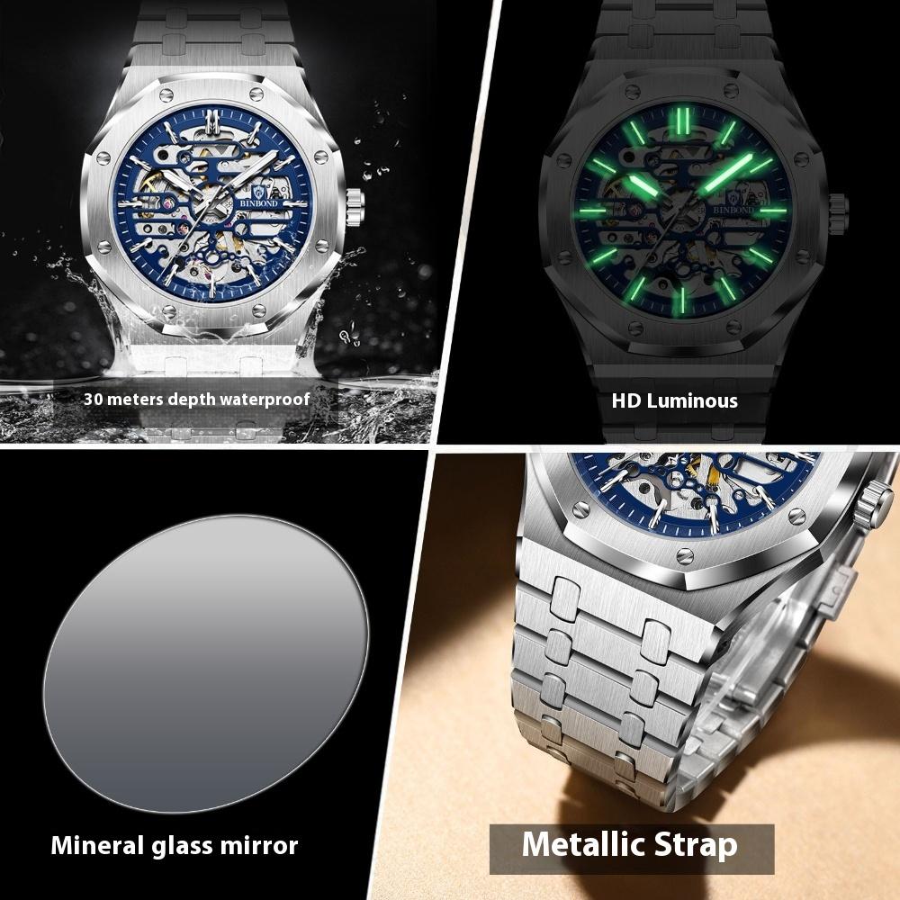 Модные мужские механические часы с большим циферблатом, автоматические, из нержавеющей стали, деловые, для платья, наручные для мужчин
