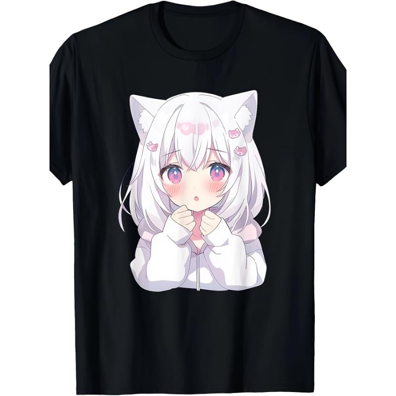 Womens Anime Cat Ear Pattern Printed Tshirt Black Short Sleeve Round Neck Casual Top Pink Heart Shaped Fun Design Womens Top