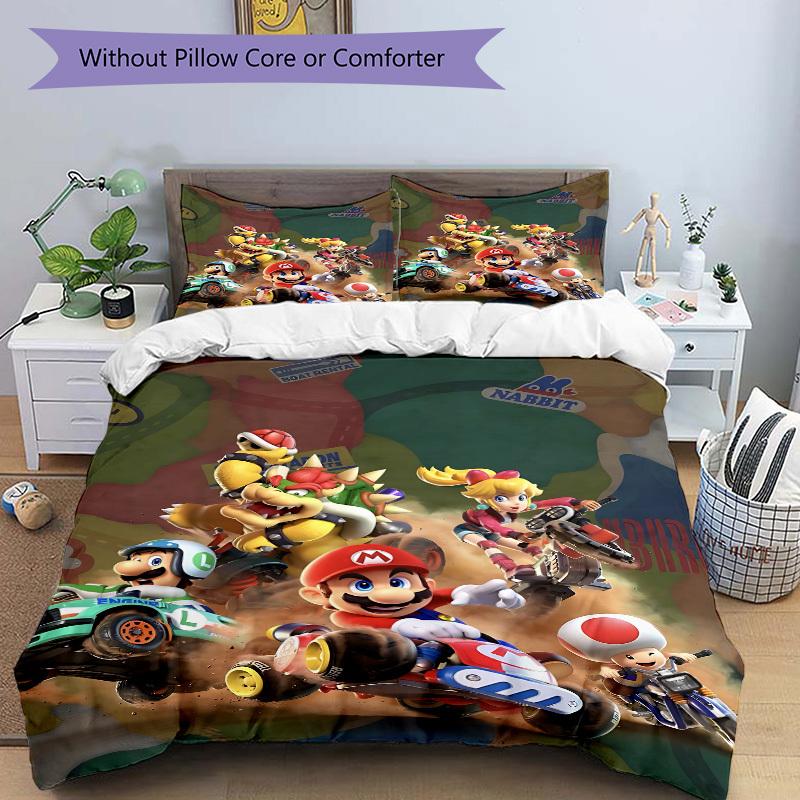 3pcs Mario Racing Game Duvet Cover Set, Includes 1 Duvet Cover and 1/2 Pillowcases (No Insert) yy251104236