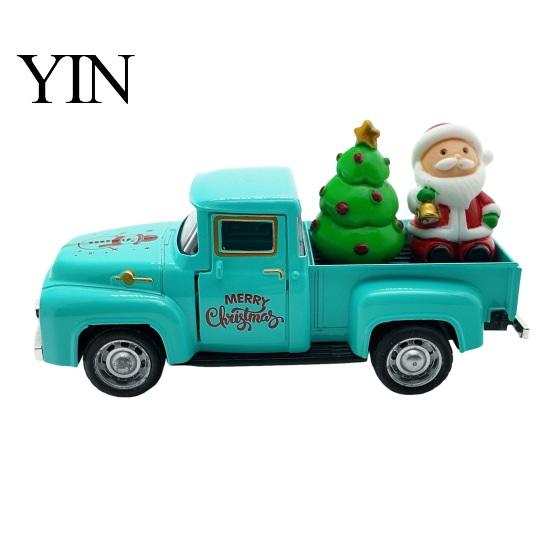 Holiday Truck Statue Christmas Pickup Figurine, Vintage Car with Santa Claus, Ornament Tree, Snowman, Miniature Alloy Vehicle for Party Style Decor