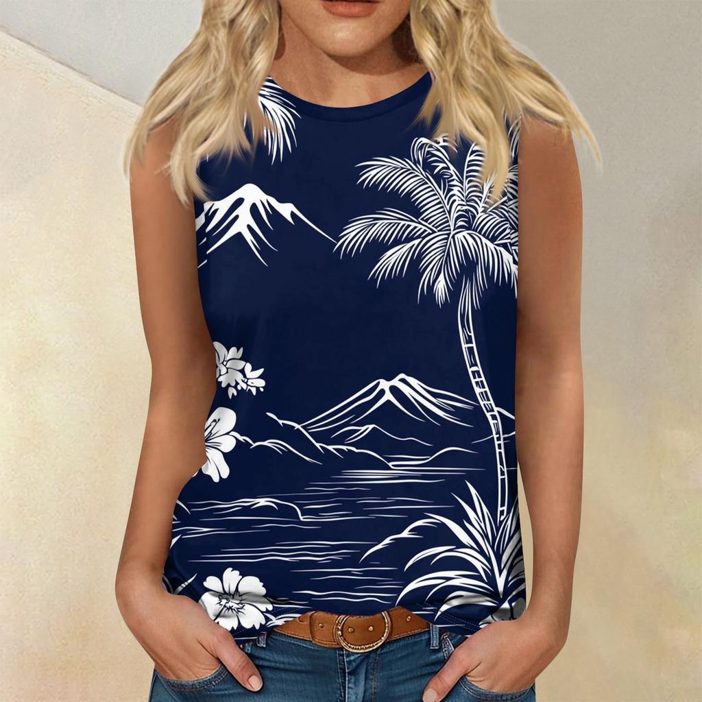 Women's Fashion Summer Round Neck Tank Top Lightweight Sleeveless  Print Tank Top