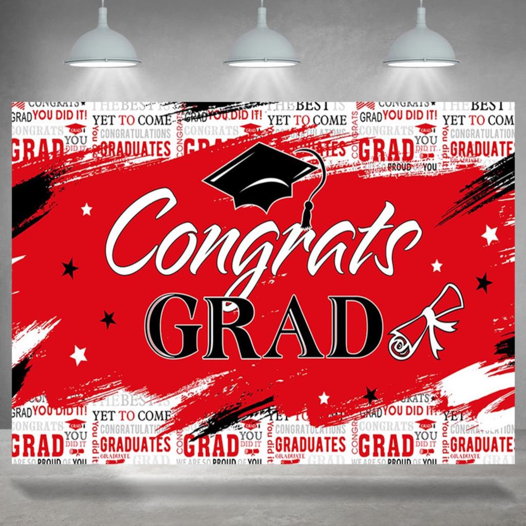 One graduation banner with a striking red black and white design reading "Congratulations on Graduation"