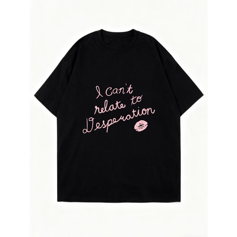 Black Oversized T Shirt With I Cant Relate To Desperation Text And Lip Print For Casual Wear