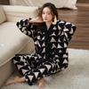 Women's Cozy Coral Fleece Pajama Set - Thick Cardigan, Long Sleeve, Printed Design for Autumn/Winter, Suitable for Outdoor Wear