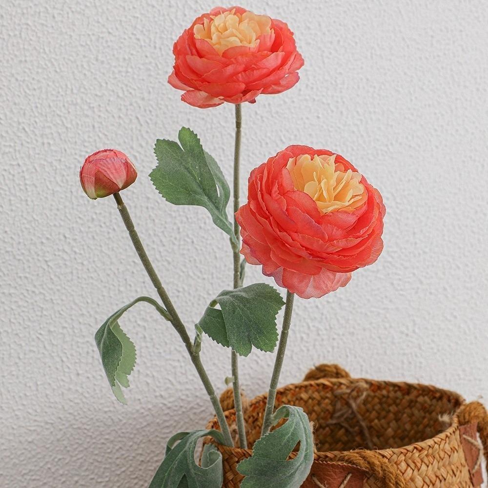 3 Heads Artificial Ranunculus Flower Flocked Leaf Multi-Color Silk Fake Flower Stem Long Stem Realistic Bloom Fake Floral Stem