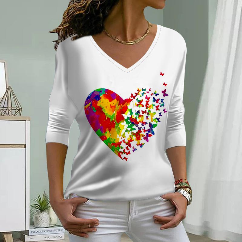 Love Butterfly Print Women Tshirts Ladies Tops Long Sleeve V-neck Pullover Femme T-shirts T Shirt For Women