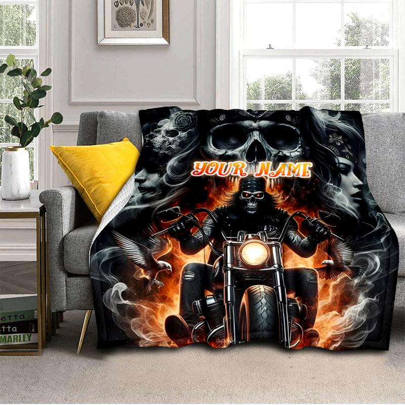 1PC Custom Name Skull Biker Flames outdooor Flannel blankets Throw Blanket All-Season Throw Gift Bedspread for Couch, Bed, Camping Holiday Birthday gi