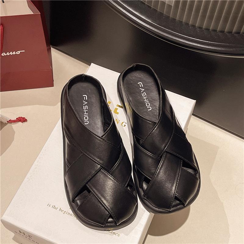 Fashion Women's Half Slippers Summer Closed Toe Woven Hollow Out Mules Shoes Retro Outdoor Leisure Flat Beach Sandals Sandalias De Mujer