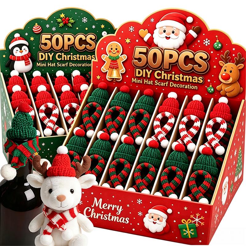 Mini Santa Hat Knitting Cap Scarf Set Christmas Wine Bottle Cover Topper Doll Clothes Craft DIY Xmas Bottles Holder Table Decor