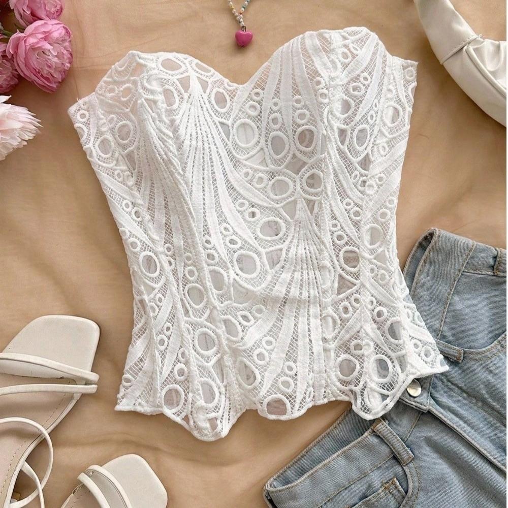 Back Tie Hollow Out Corset Top Fishbone Women Underwear Vintage Slimming Tube Top  Evening Party
