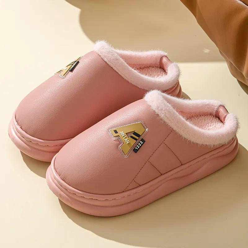 WTEMPO Пара теплых тапочек из искусственной кожи на толстом плоском каблуке, закрытый носок, осенне-зимние хлопковые домашние плюшевые тапочки