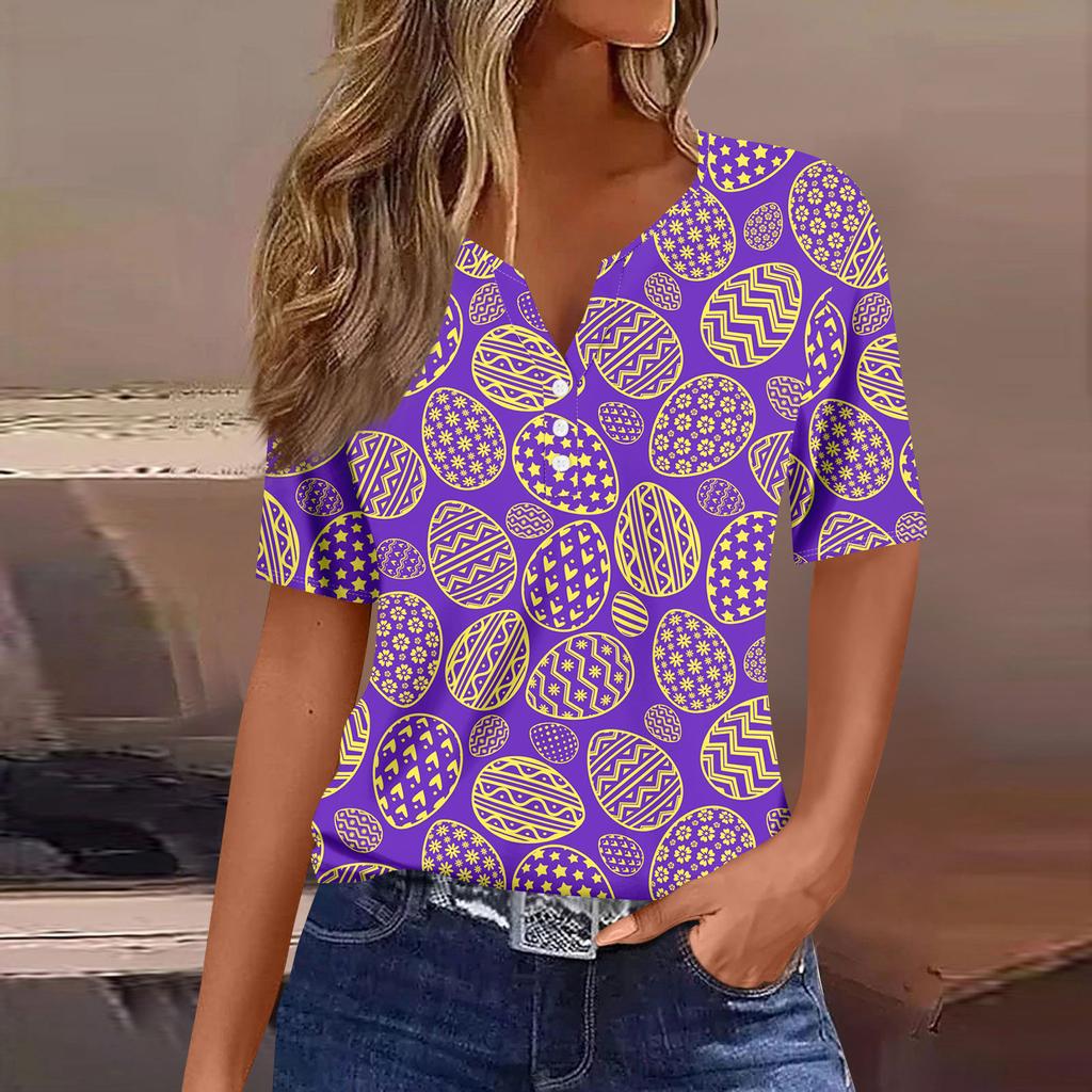 Women's Casual Print V-Neck Short Sleeve Decorative Button T-Shirt Top
