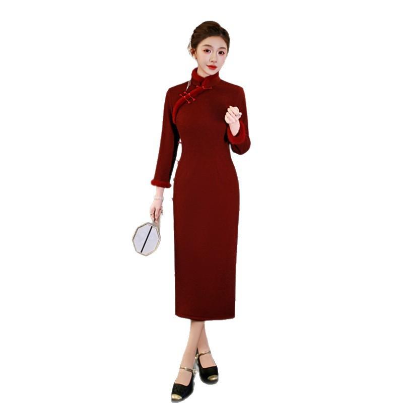 Red cheongsam winter toast dress bride wedding engagement new Chinese high-end long-sleeved piled thickened cheongsam