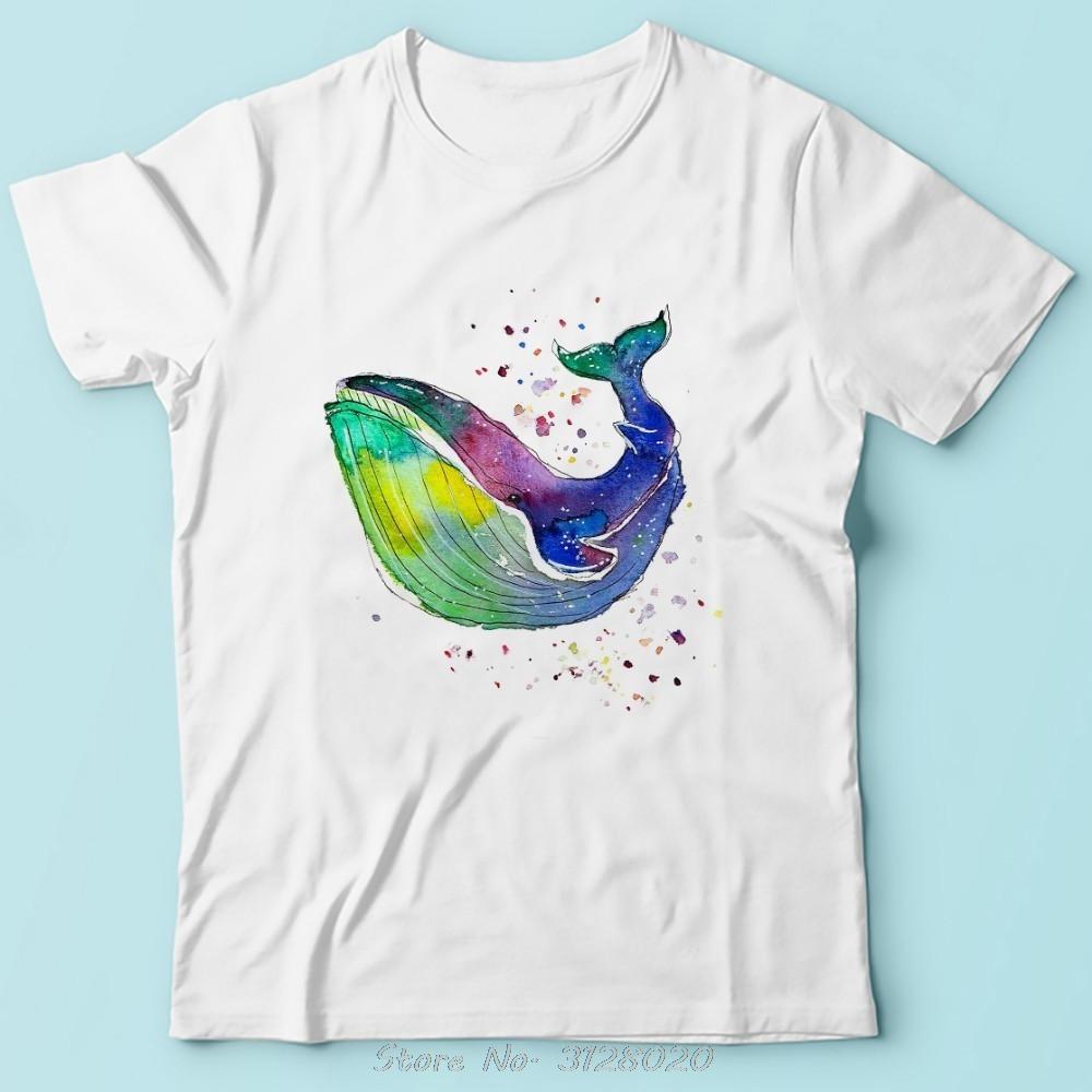 Summer New Watercolor Whale Funny Tshirt Men White Short Sleeve Casual T Shirt Unisex Tshirt Hip Hop Tees Harajuku
