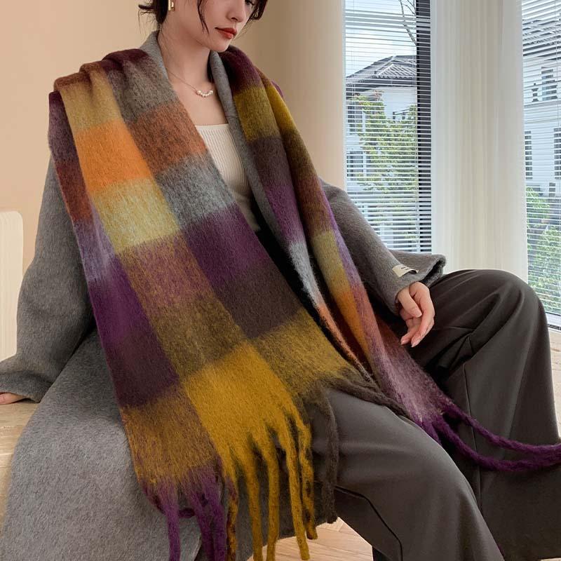 Winter New Scarf Women's Winter Thickened Warm Scarf Colored Plaid Fringed Scarf Shawl Fashionable Outer Cover