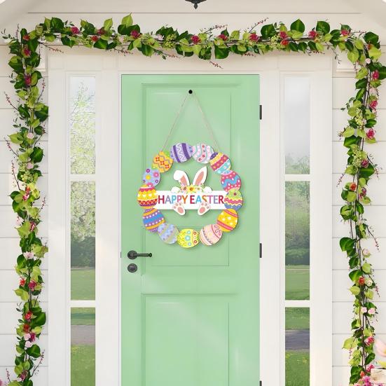 Yousheng Wooden Easter Door Wreath for Front Door Happy Easter Bunny Eggs Porch Sign for Spring Window Wall Hanging Decor