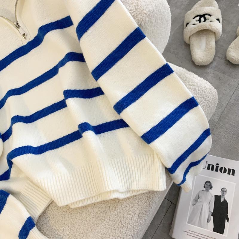 High-Quality Korean-Style Trendy Knit Zipper Sweater for Women – Blue Striped, One Size