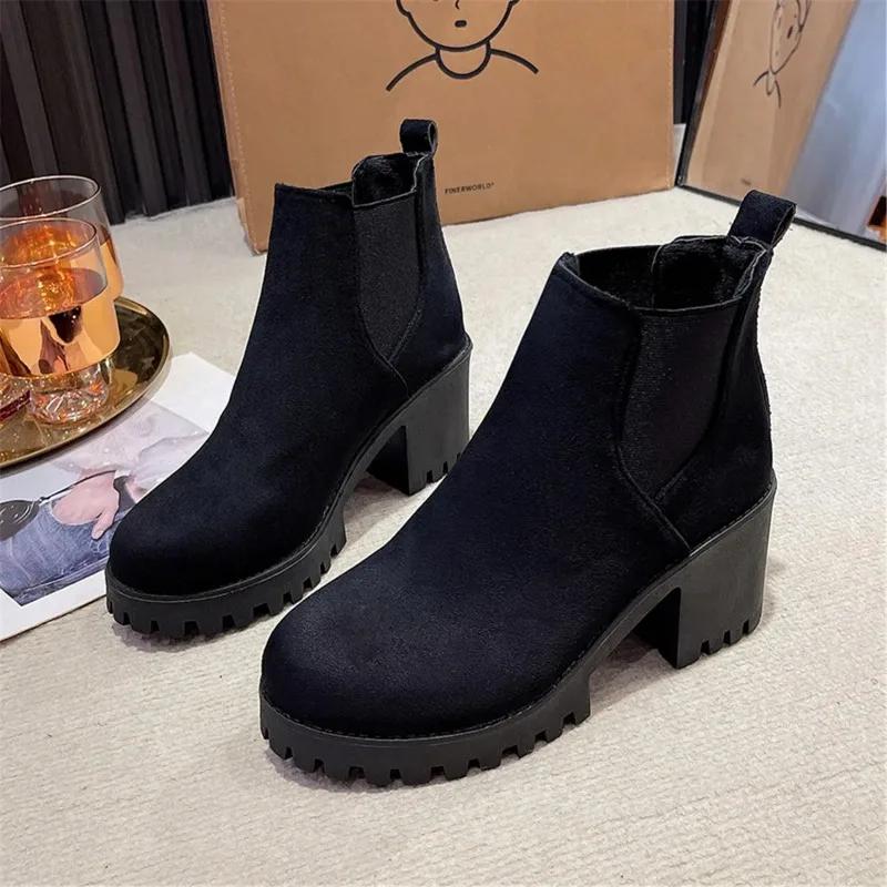Chunky Ankle Boots Women Square Heel 2025 Autumn Winter New Single Boot Frosted Black Height-raising Platform Heels