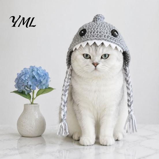 Pet Photography Props Funny Shark Cat Hat, Crocheted Hat with Braided Straps, Soft Cute Knitted for Cats Small Dogs Puppy Headwear