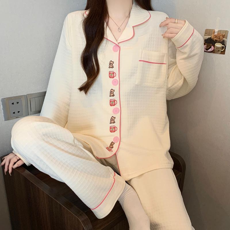 Air cotton pajamas women's autumn and winter interlayer warm long-sleeved suit cartoon embroidered loungewear real shot