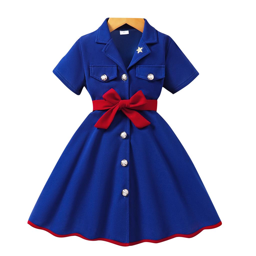 Модное платье для девочек с короткими рукавами и лацканами, цветное, с поясом, повседневное платье для детей на весну/лето