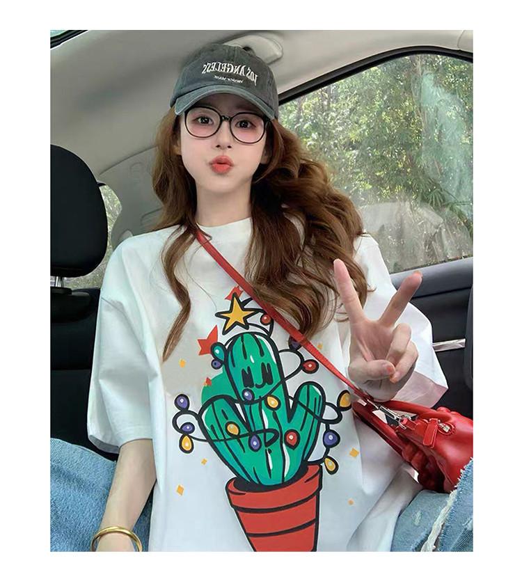 Loose casual daily versatile cartoon cactus print short sleeved T-shirt