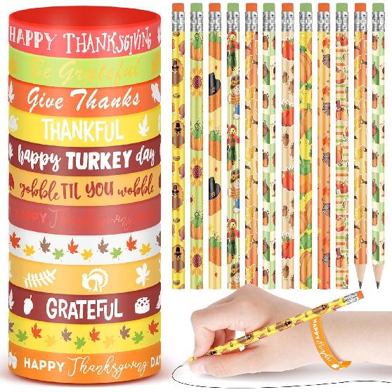 Sabary 48 Pcs Fall Pencils Thanksgiving Silicone Bracelets Set Thanksgiving Party Favors Maple Leaf Pencils Bulk Turkey Wristbands Pumpkin Bracelet