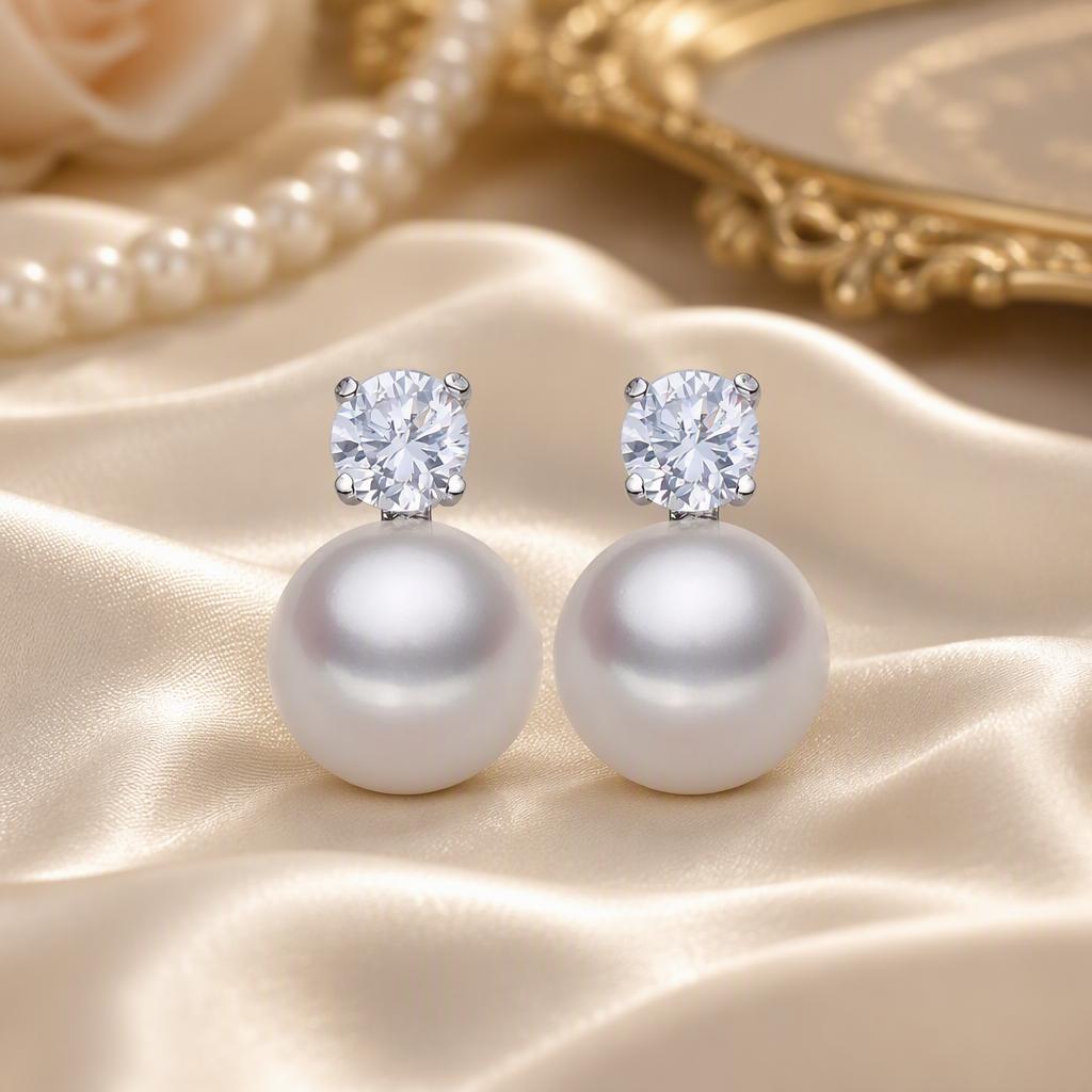 ED764 925 Sterling Silver Rhodium Plated White Zircon Pearl Cute Stud Earrings for Women Girls Fashion Jewelry
