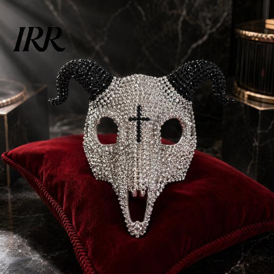 Lightweight Halloween Mask Goat Head Skull Mask, Horror Rhinestone Animal Scary Breathable Horned Devil Masquerade Cosplay Costume Party Prop
