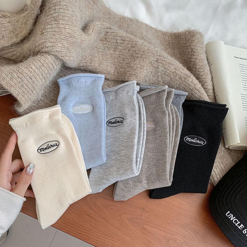 Wool Socks For Women Korean Embroidery Letters Boneless Textured Cotton Socks Casual Socks