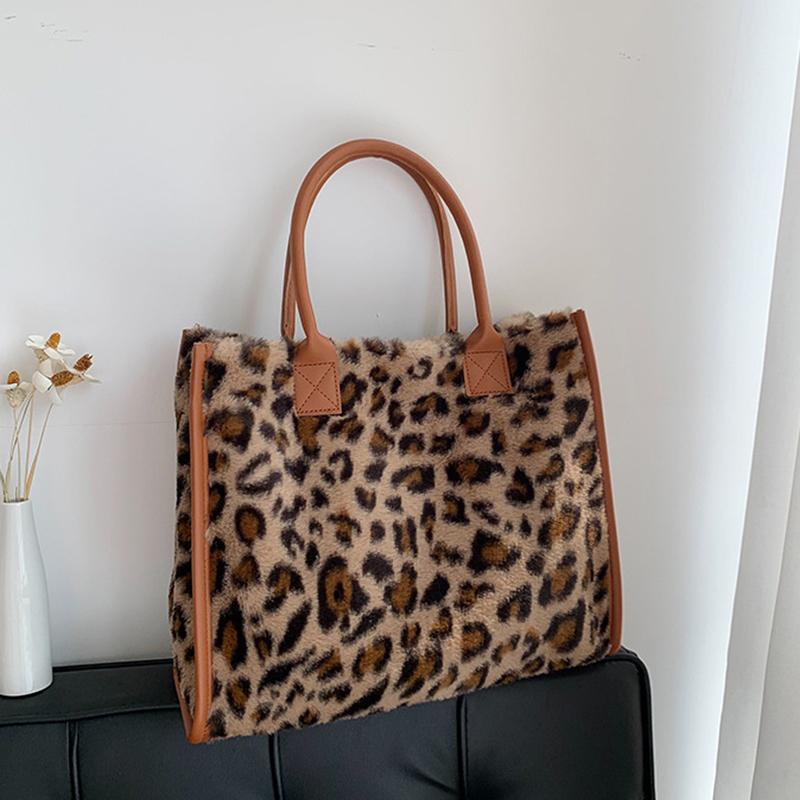 Женская зимняя теплая мягкая плюшевая сумка на плечо, модная сумка-тоут с леопардовым принтом коровы из искусственного меха, большая вместительная сумка