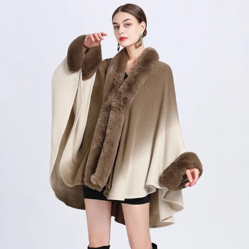 6 Gradient Colors Women Long Faux Rabbit Fur Collar Poncho Cape Knitted Cardigan Outstreet Wear Loose Cloak Batwing Sleeves Coat