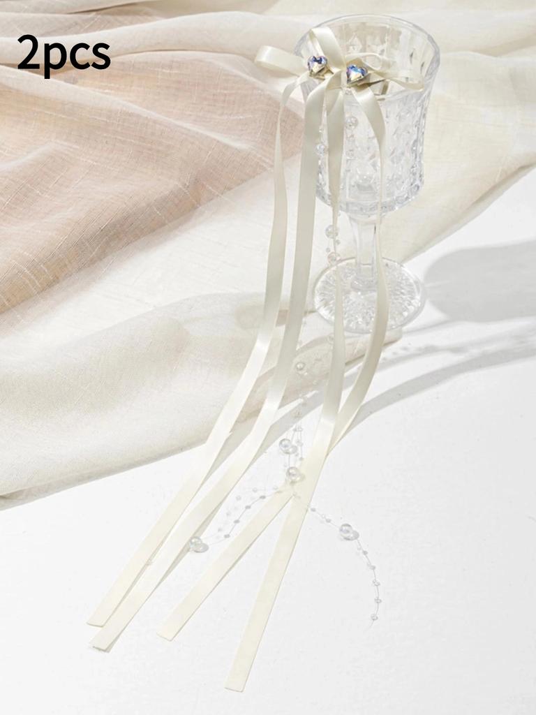 2/6pcs Set of Sweet Style Bow Rhine Stone Hair Clips with Flowing Ribbons, Fabric Hair Clips, Solid Color Hair Accessories Set