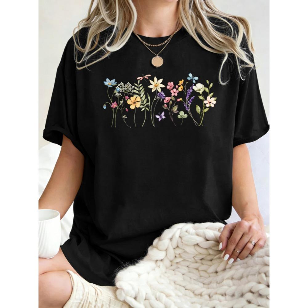 Beautiful Flowers Butterflies Dragonflies Print Women T-Shirt Y2K O-Neck T Shirts Loose Clothes Cotton Summer Streetwear