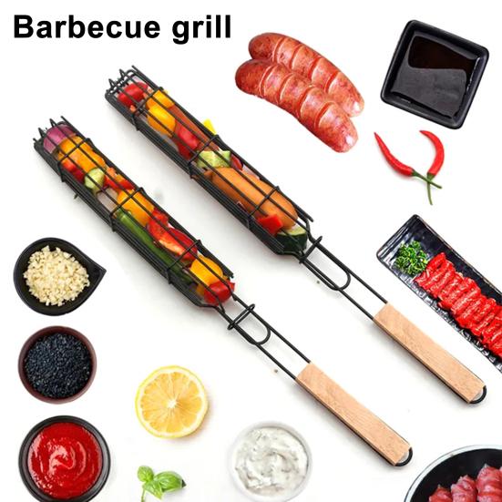 Stainless Steel BBQ Grill Basket with Wooden Handle Non-Stick Sausage Roasting Cage Multi-functional Grill Utensil for Outdoor Camping