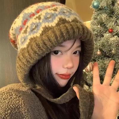 Женская вязаная шапка Fair Isle, ретро шапка-мешок, теплая шерстяная шапка с ушками, уличный стиль