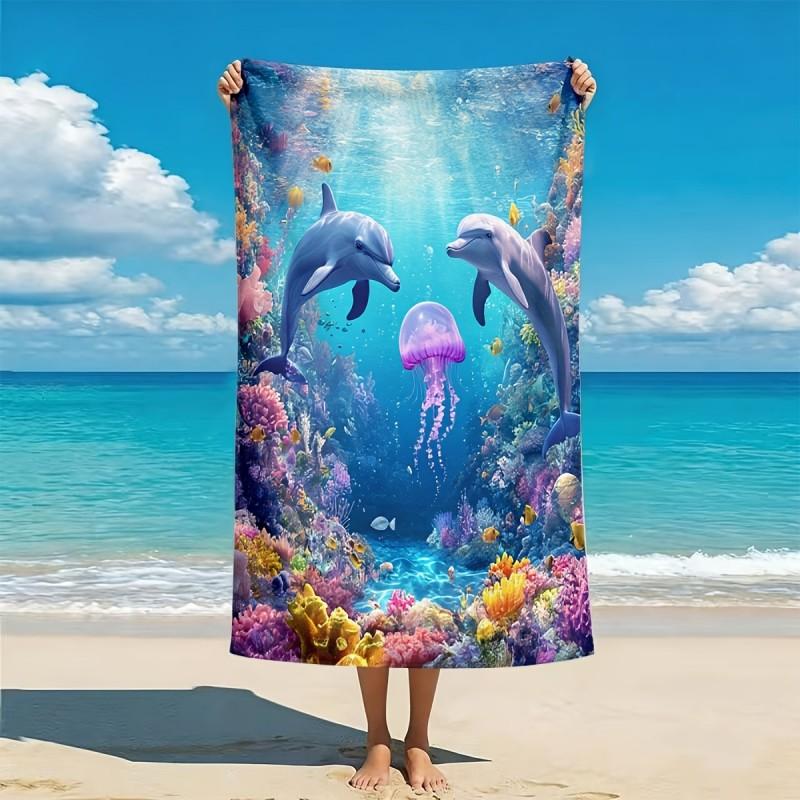 Underwater Dolphin Jellyfish Coral Print Beach Towel Multiple Sizes For Summer Ocean Seaside Swimming Pool Outdoor Use