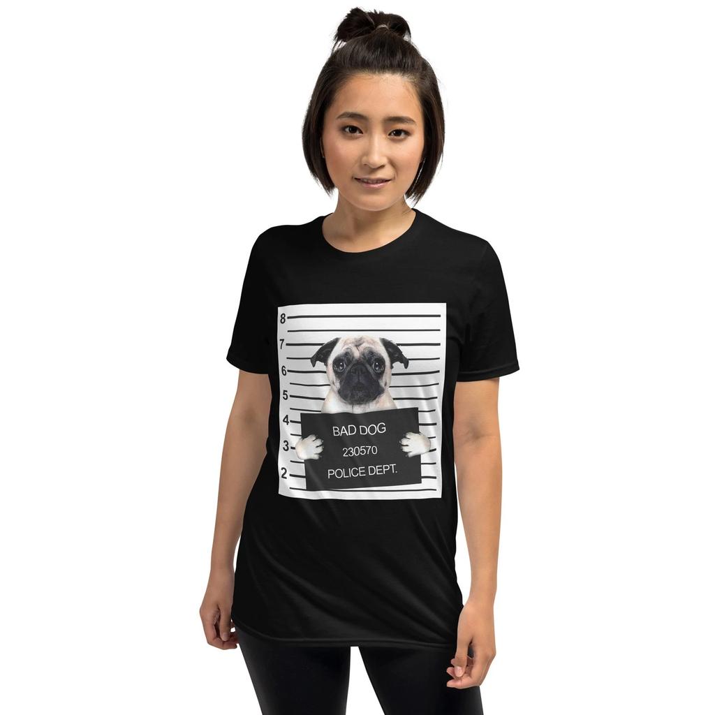 Funny Beautiful Bad Dog Mugshot (CUTE PUG) Dog Lover Short-Sleeve Unisex T-Shirt