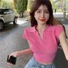 New POLO Neck Short Sleeve Slim Fit V Neck Short Knitted T-shirt Pink Top for Women