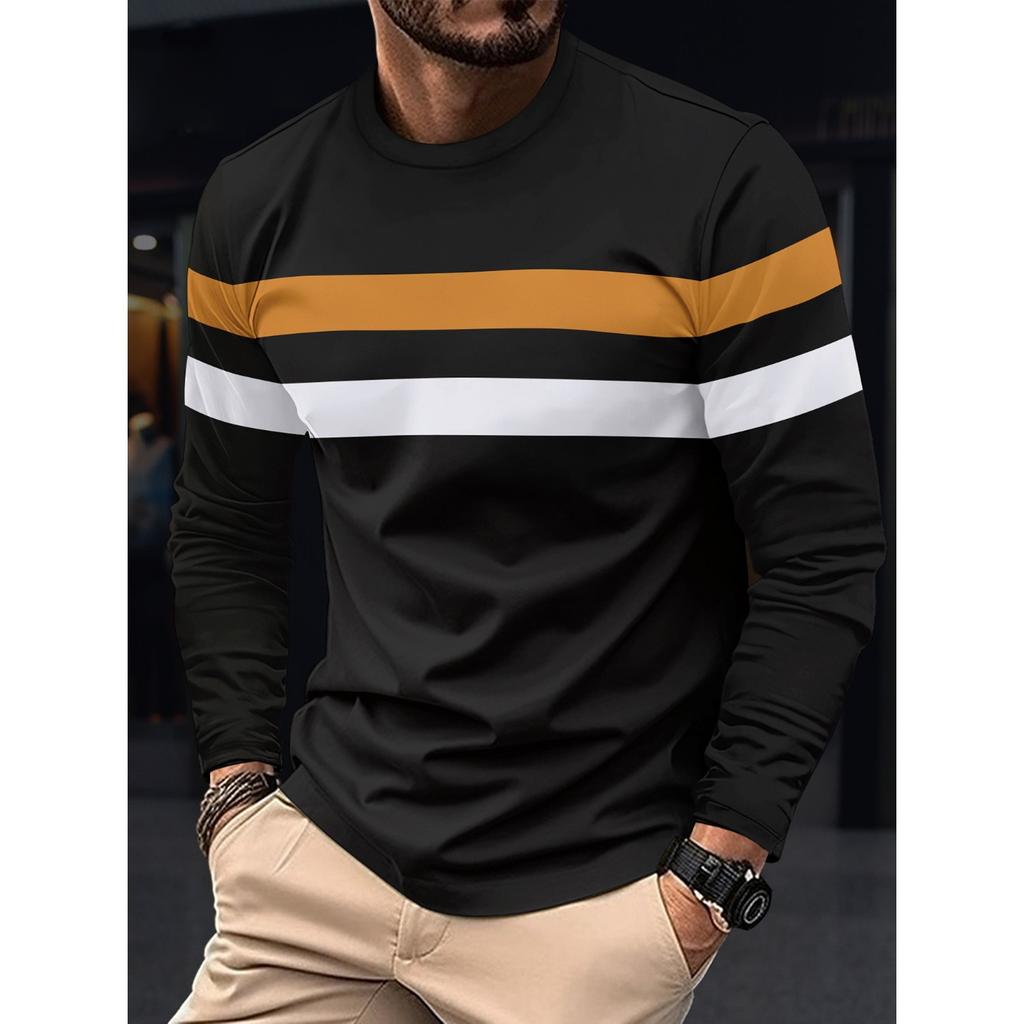 Autumn and Winter Plus Size Round Neck Long Sleeved Color Blocked Base Shirt Pullover Men's T-shirts