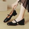 One-word Mary Jane Shoes New Season Splicing Square Head Thick Heel Women's Shoes Low Heel Light Mouth Single Shoes